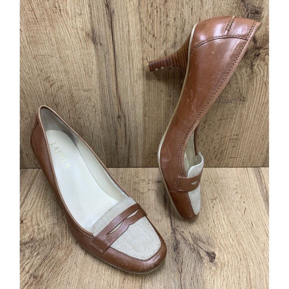 Lauren Ralph Lauren Penny Loafer Heels Leathers Brown Shoes Work Business 7.5M